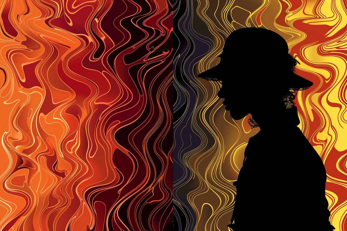 [Your character] silhouette in the style of dark wave, vector art illustration, background is a fiery [color1 and color2] wavy pattern, dramatic shadows, contrast lighting, high detail