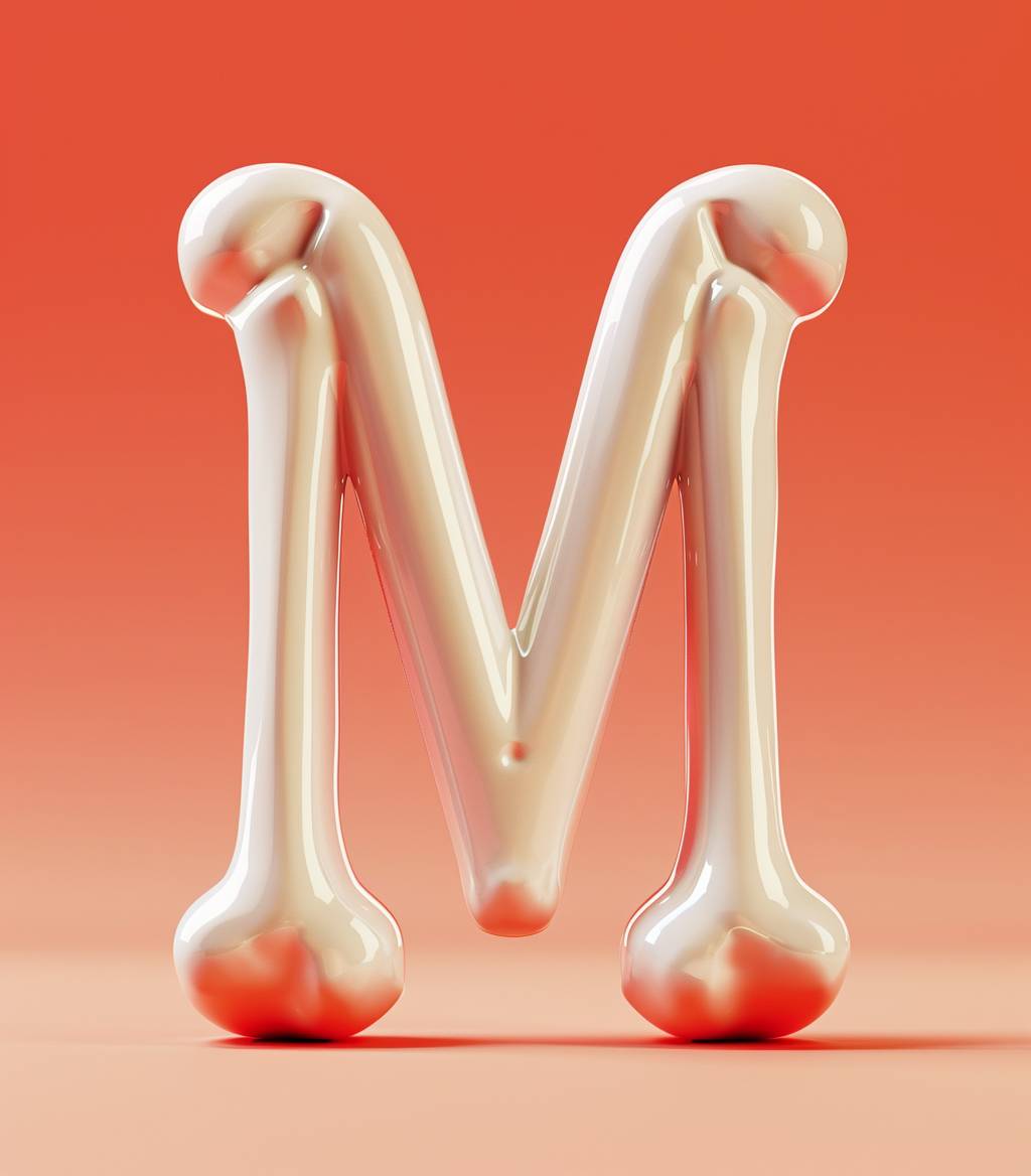 Letter "M" designed in bone shape, plain bright color background, Pixar style, smooth 3D, realistic style, made bright and shiny, --ar 7:8 --v 6.0