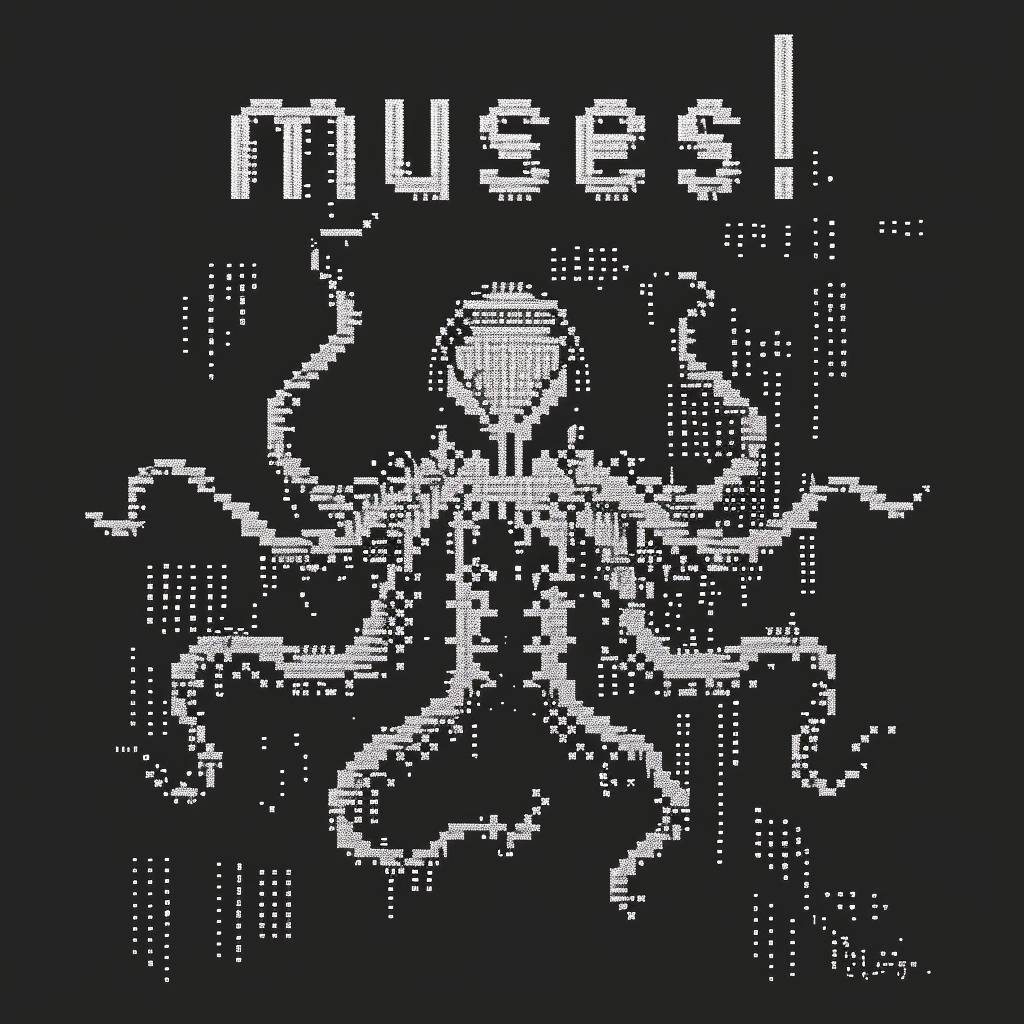 letters 'muses!' old CGA-screen pixelized text with little pixelated Cthulhu ASCII-pictogram --stylize 75 --v 6.0