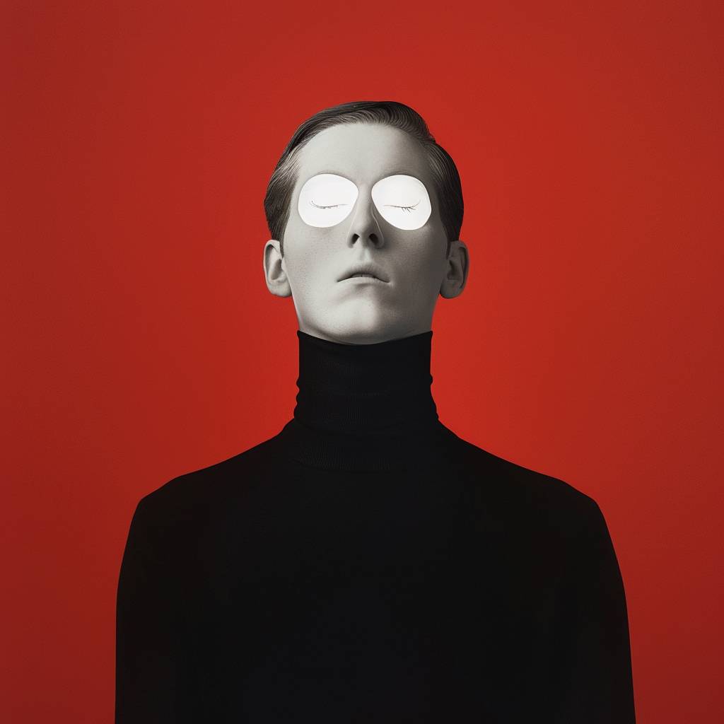 A surreal portrait of a minimalistic man with two white glowing eyes and long thin eyelashes, wearing a black turtleneck and posing in front of a red background