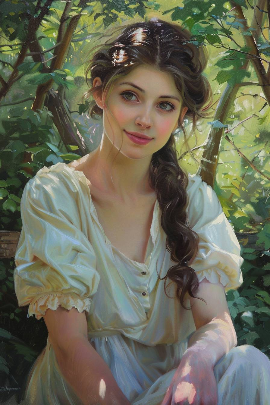 A painted portrait of a pretty girl in dappled shade on a summer day in the style of John Waterhouse and William Adolphe Bouguereau. Oil painting, academic art, perfect face, soft palette