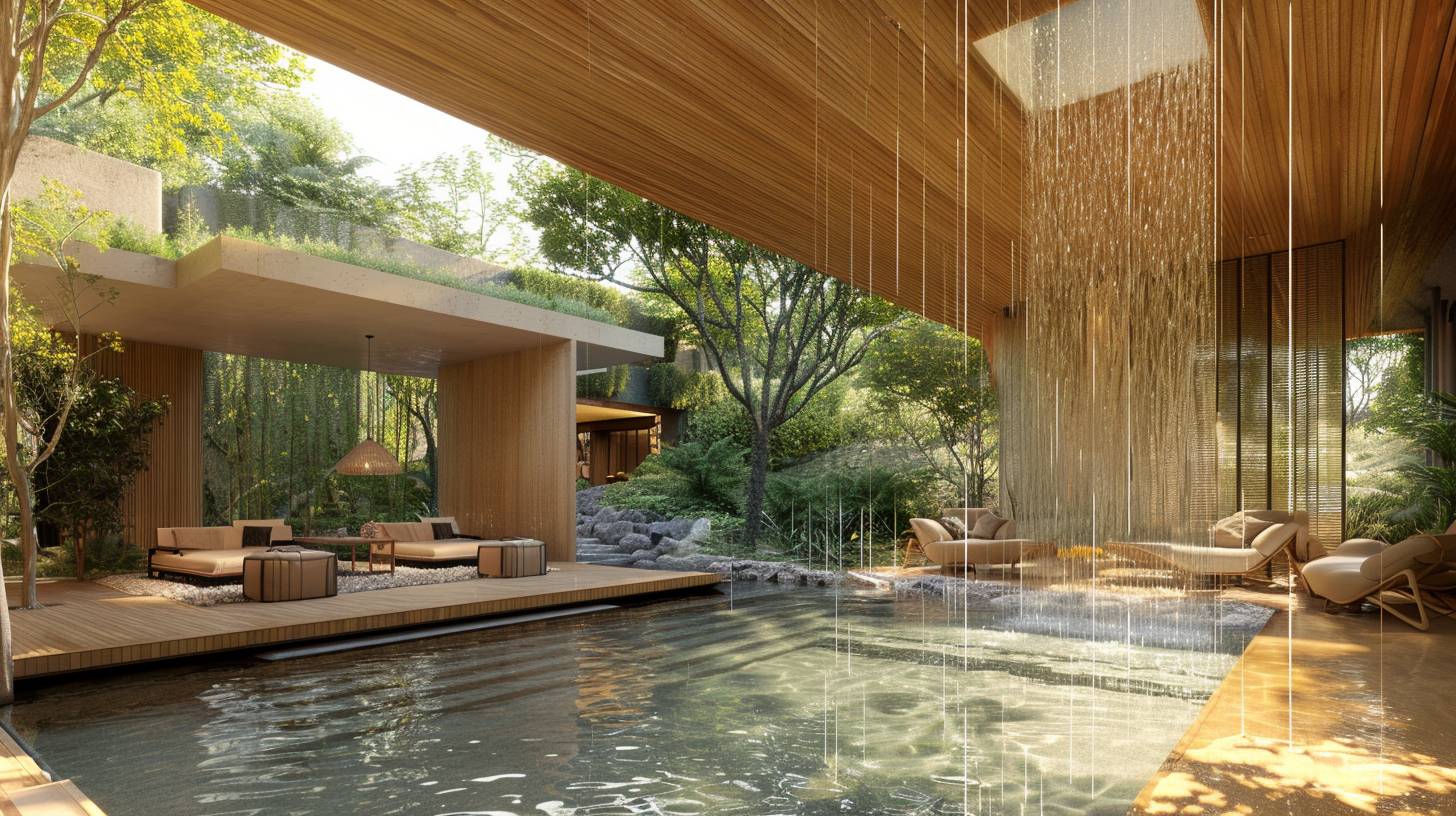 Interior by Kengo Kuma, Harmonious blend of natural elements and modern design in an eco-friendly apartment complex, falling water --ar 16:9 --c 1  --v 6.0