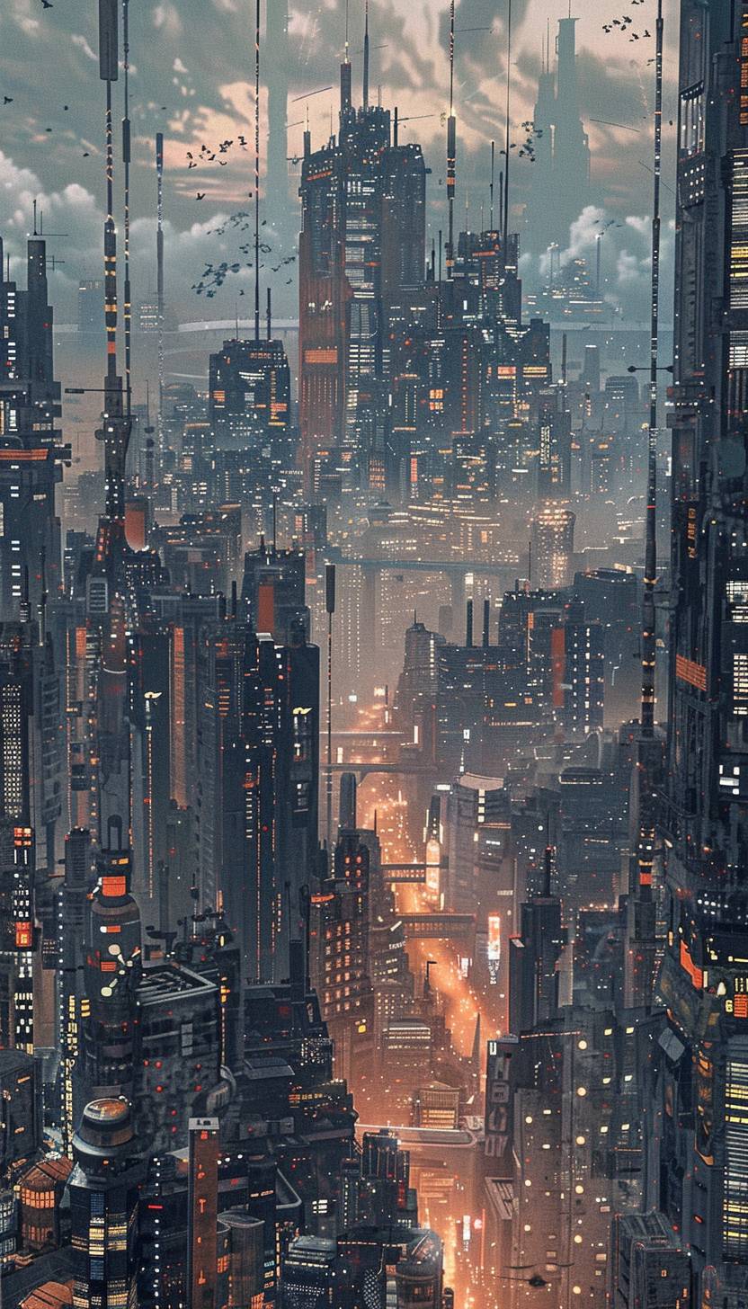 In the style of Hiroshi Yoshida, a dystopian cityscape with towering skyscrapers