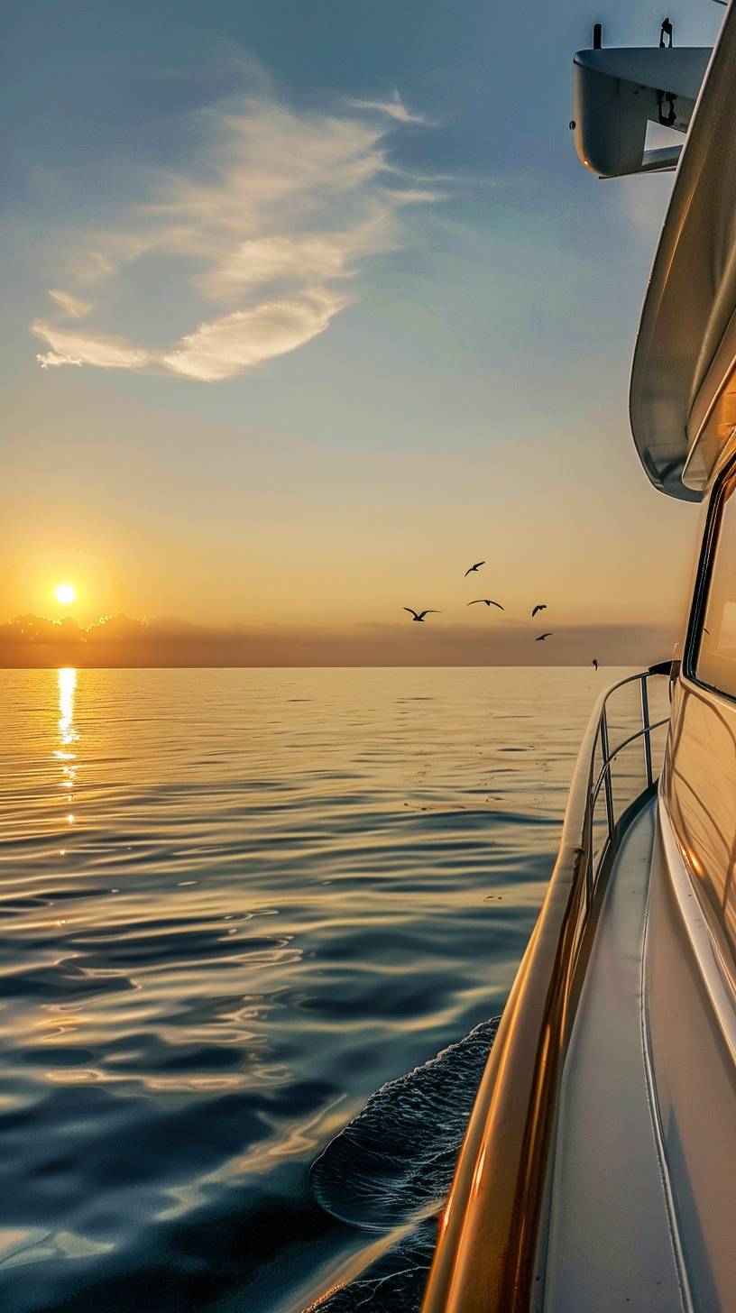 フロリダ州のガルフコーストの穏やかな早朝。シーンは、サラソータの静かな水域に係留されたシルク50フィートモーターヨットのデッキで展開しています。地平線をちょうど出る太陽が、優しい金色の光でヨットを浴びています。背景では、穏やかな海が空を映し、数羽の海鳥が優雅に頭上を滑空しています。この映像は期待と平和の感覚を思い起こさせ、完璧な一日の豪華なボート遊びの始まりを理想化するはずです。