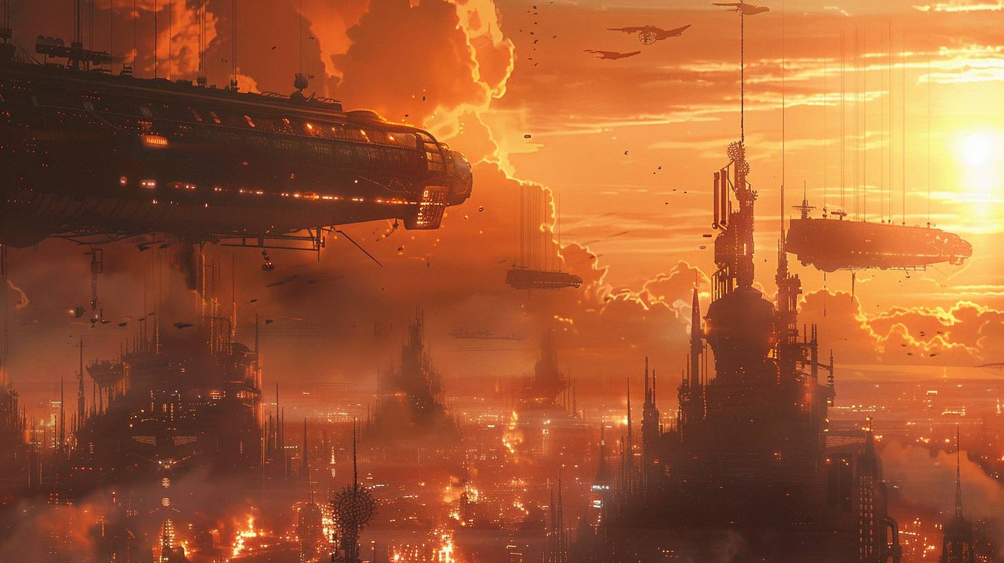 A vast, fiery steampunk sunset, with a clockwork city dwarfed by the immense sky. The city's spires reach towards the heavens, but they're dwarfed by the fiery hues of the dying sun. Airships, their sails billowing in the wind, glide through the sky, their shadows dancing across the cityscape. The sunset is captured through a vintage camera, its brass casing reflecting the fiery hues of the sky. The image is slightly blurred, as if the camera is struggling to capture the sheer beauty and grandeur of the scene. The sunset is rendered as a series of gears and cogs, each one representing a different color and intensity of the fading light. These gears and cogs are so large, so intricate, that they dwarf the city below, creating a sense of overwhelming scale. The viewer feels insignificant yet simultaneously connected to something truly magnificent.