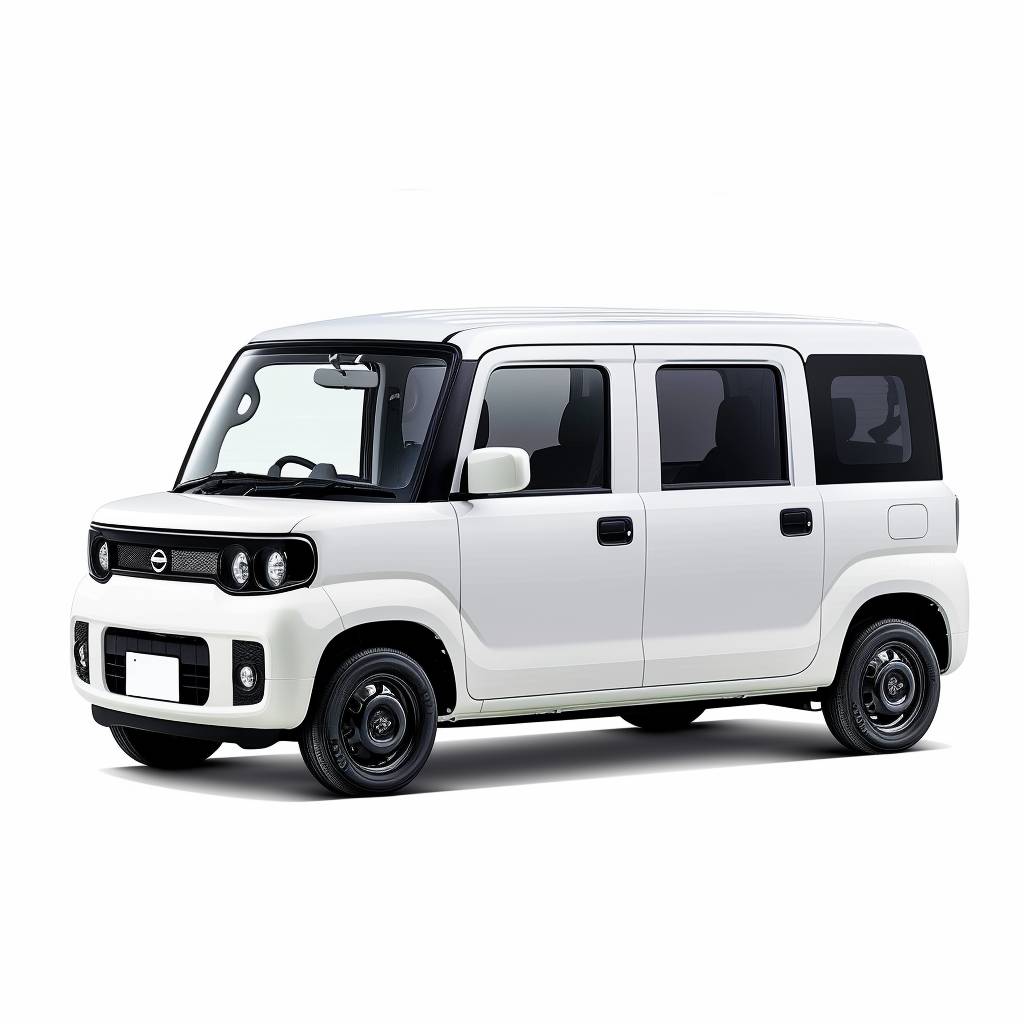 A white masculine K-shaped light van set against a pure white background. Designed in a Japanese style, it features four doors, rear seats for two, black wheel rims, and small headlights. The vehicle has a rounded front end, resembling a Nikon D850 DSLR camera. The car's body includes a sleek roofline and large windows, creating a clear detail and distinctive design, making it stand out as part of my perfect minivan design. --ar 1:1 --style raw --stylize 50  --v 6.0