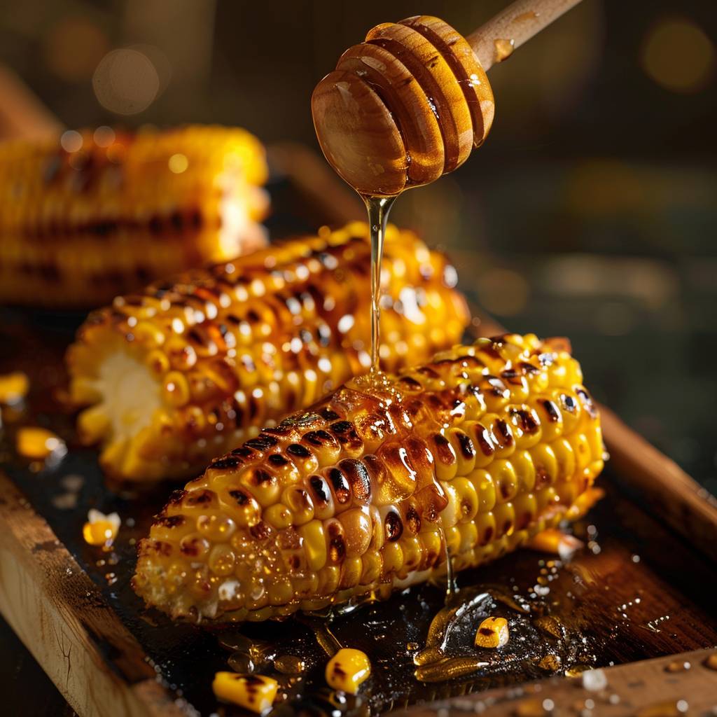 Food photography, grilled corn on a wooden tray, close-up shot of honey being drizzled by a honey dripper, The glistening honey and caramelized grill marks will create a mouthwatering image, beauty dish lightening.