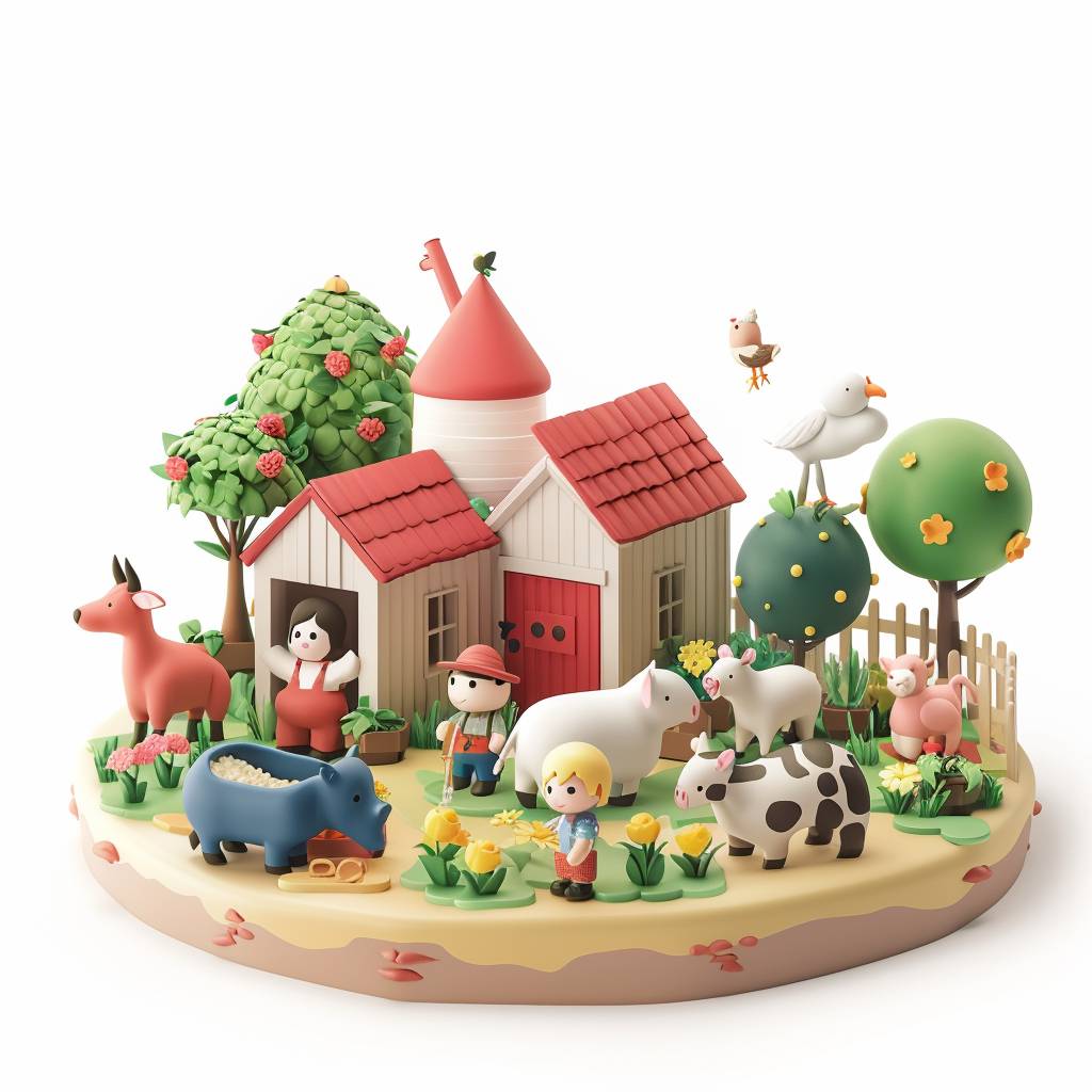 3D cartoon illustration of a toy farm with animals and farmers on a white background, featuring soft color tones and vibrant colors, cute simple minimalistic design with bright color tones and low contrast, isometric perspective, soft shadows, colorful style --v 6.0