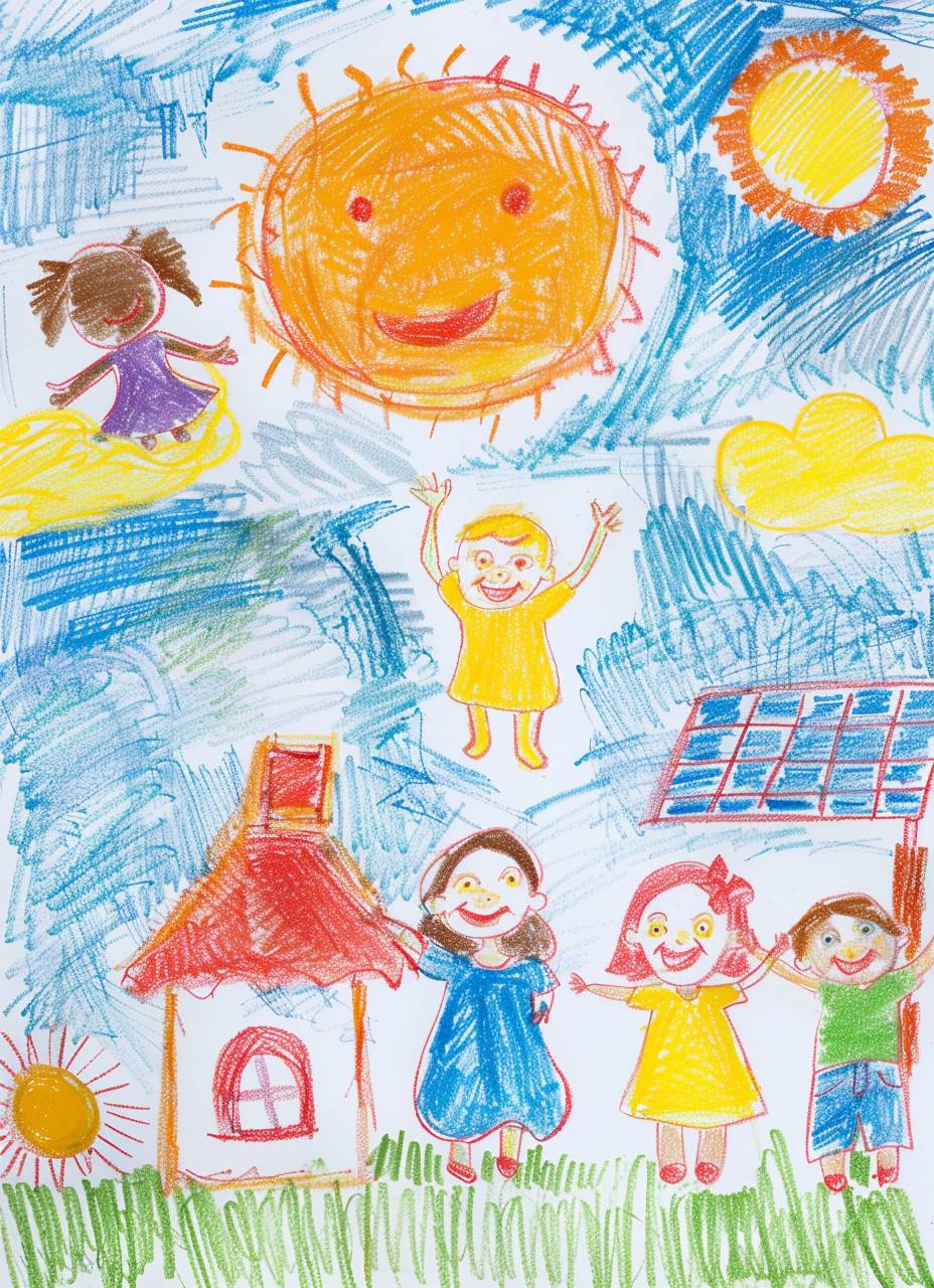 白紙に子供が手で描いた、色鉛筆で描かれた素朴な子供の絵。家族、家、幸せそうな太陽光パネルが描かれている。 白い背景に配置されている。