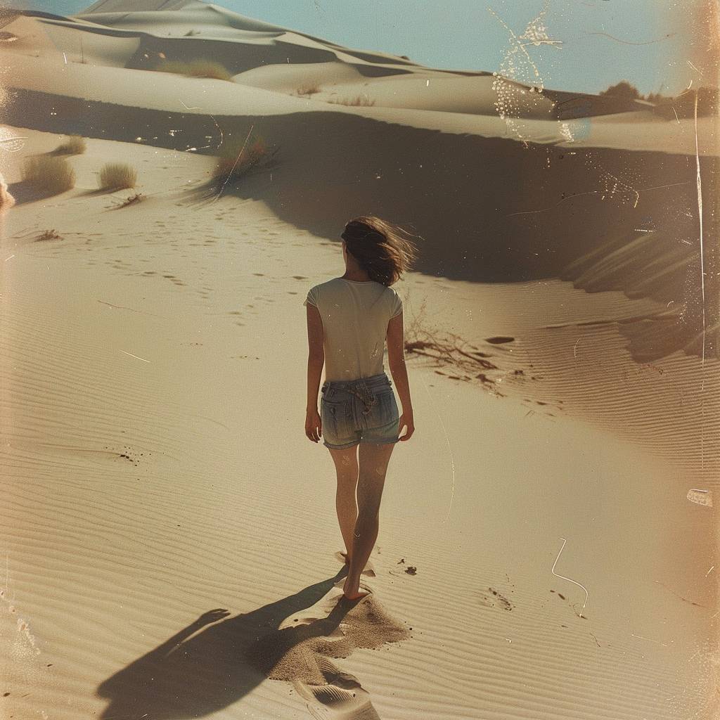 [SUBJECT] walks among dunes that sing with the wind. The sands, a [COLOR1] tapestry of memories and dreams, shift underfoot, revealing and hiding [COLOR2] ancient secrets with each gust, a testament to the fleeting nature of time --v 6.0