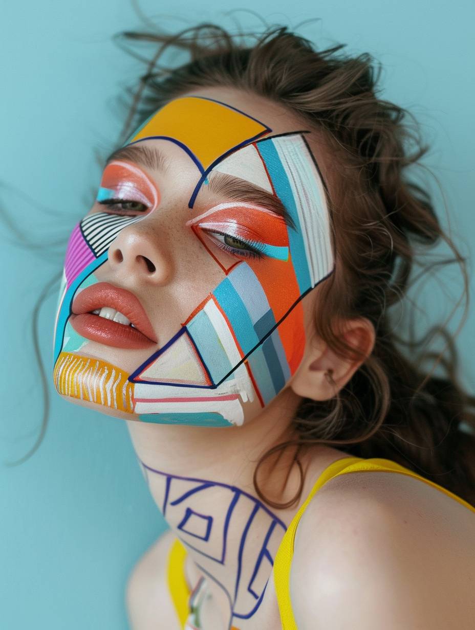 A young, stunning woman with striking geometric patterns painted on her face, wearing a pastel-colored Constructivist-style dress