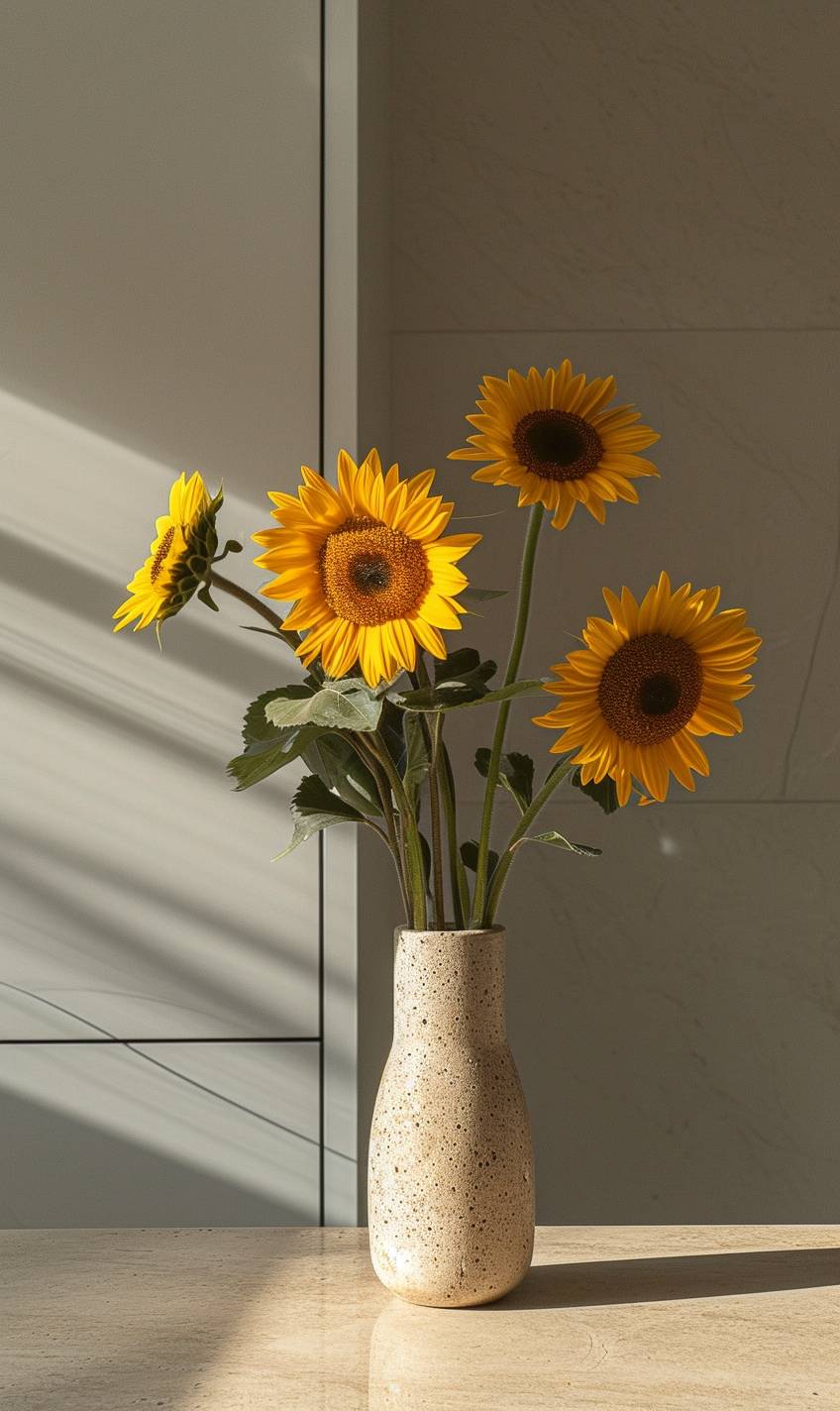 A photorealistic photo taken with a high quality camera of a beautiful still life arrangement featuring a bouquet of sunflowers in a vase on a table in a modern apartment.