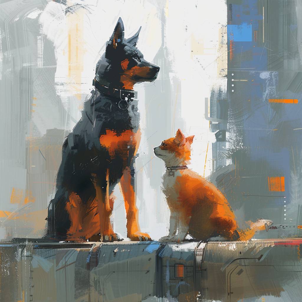 A cat and a dog made in the style of Sparth