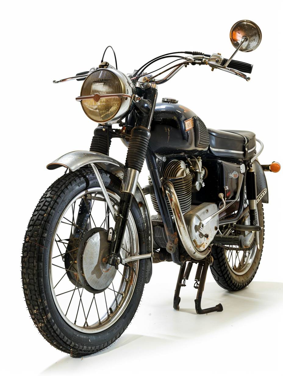 A vintage motorcycle on display, front and side view