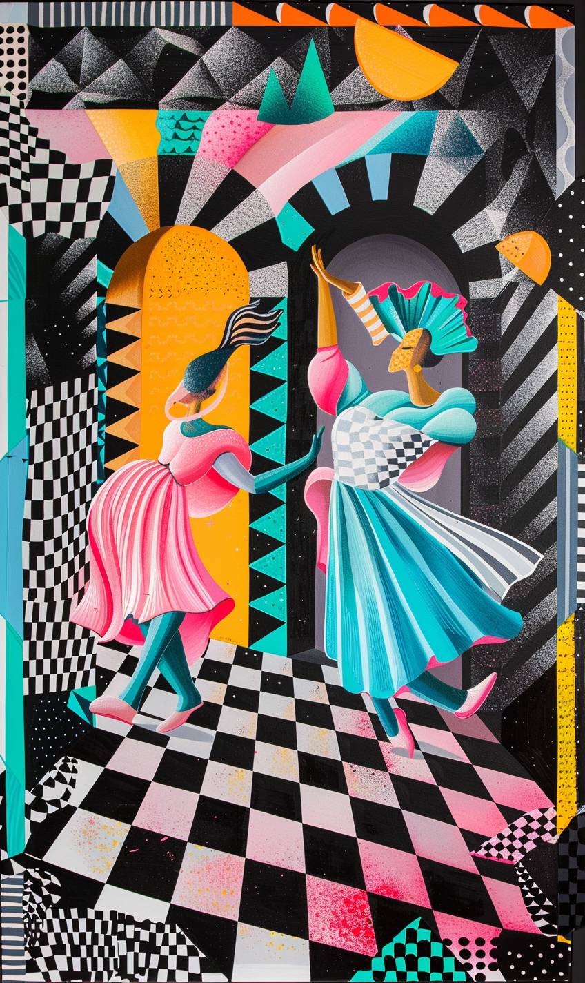 In style of Camille Walala, Ethereal ballroom with phantom dancers