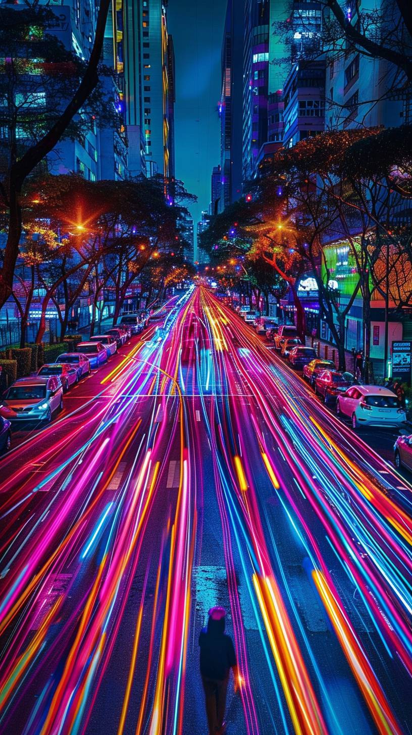 A hyper-realistic POV image of a person standing on the sidewalk, watching the light trails of cars passing on an avenue in São Paulo, Brazil at night. The focus is on the sensation of speed and movement of the vehicles, with vibrant light streaks creating a dynamic and energetic atmosphere.