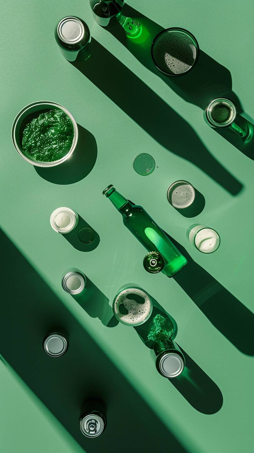 Photorealistic flatlay, top-down shot of 10 essential office items laid out neatly on a flat clean background, with an empty area left with beer circle. Hues of green. Ultra hyperealistic, cinematic lighting, high detailed, high quality.