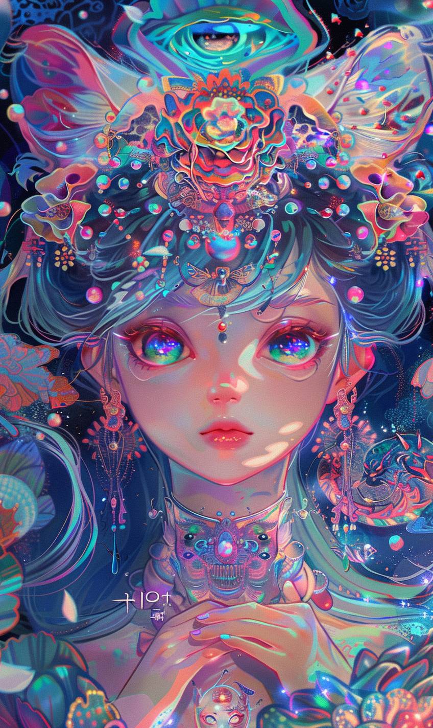 Anime studio Ghibli, cute cosmic goddess, glowing eyes, iridescent, hypnotic, ultra-detailed, waist-up, maximalist