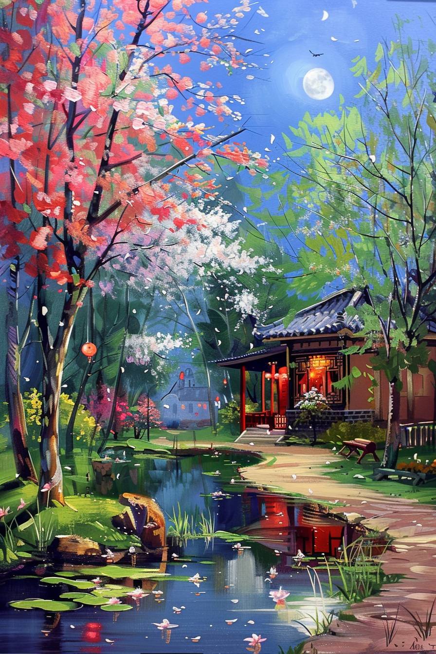 静かな月明かりの庭には桜の木、静かな池、伝統的な日本の茶室が背景にあります。