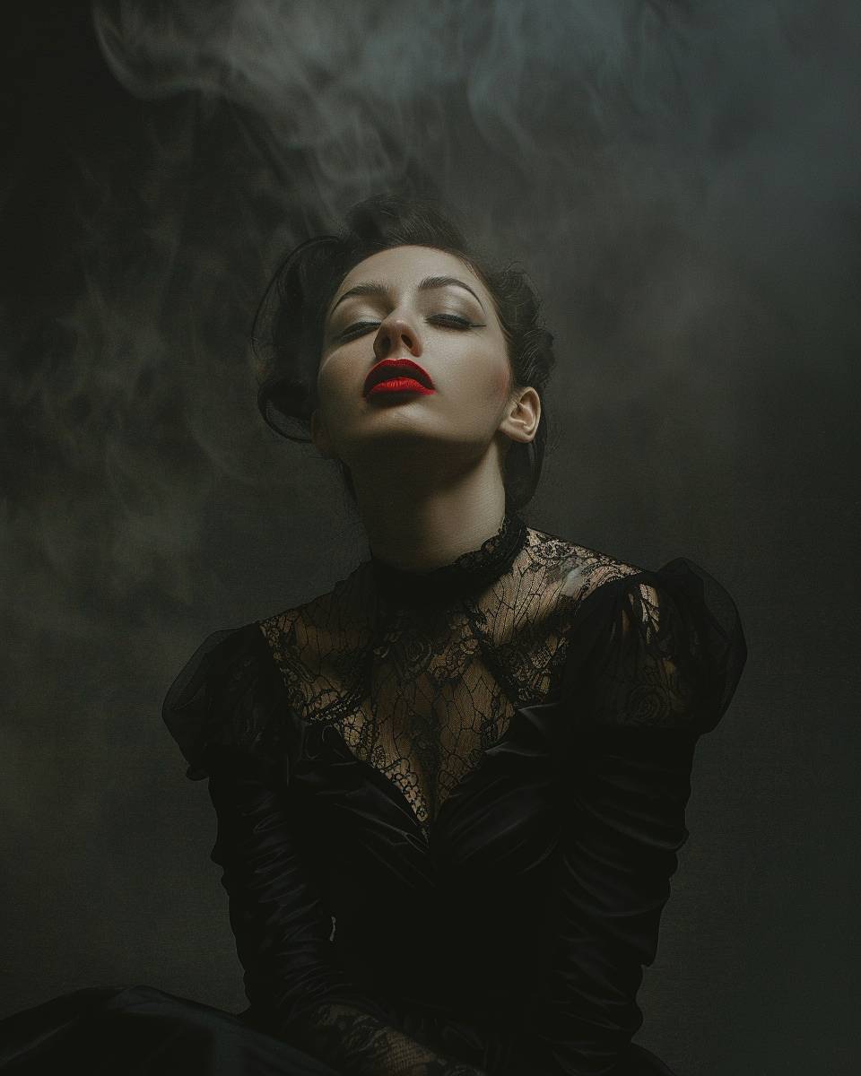 Eerie color photographic portrait of a woman in gothic style dresses, with red lipstick, misty dramatic --style raw --ar 4:5  --v 6.0