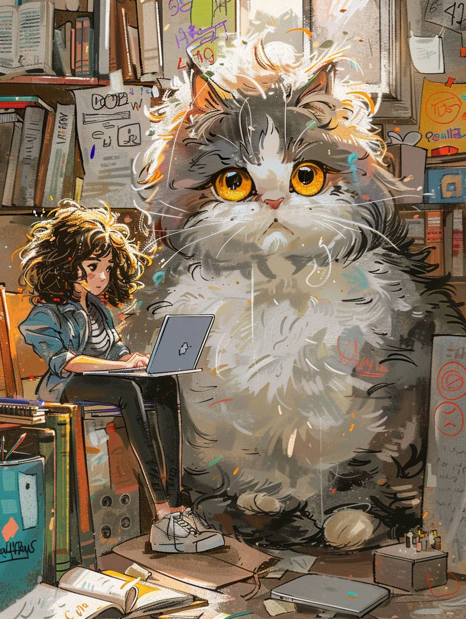 オフィスの机の上に座っているかわいらしいふわふわの猫。大きな黄色い目と長いまつ毛を持っています。隣にはカールヘアーの若い女性が、ラップトップを抱えた黒のパンツスーツを着て座っています。カラフルな日本の漫画スタイル、本でいっぱいの散らかった部屋、壁には落書きがあり、インクの描画、フラットなコミックスケッチ、グラフィックノベルのスタイル、絵本のイラスト、詳細なキャラクターのイラストレーション、鮮やかな色彩。