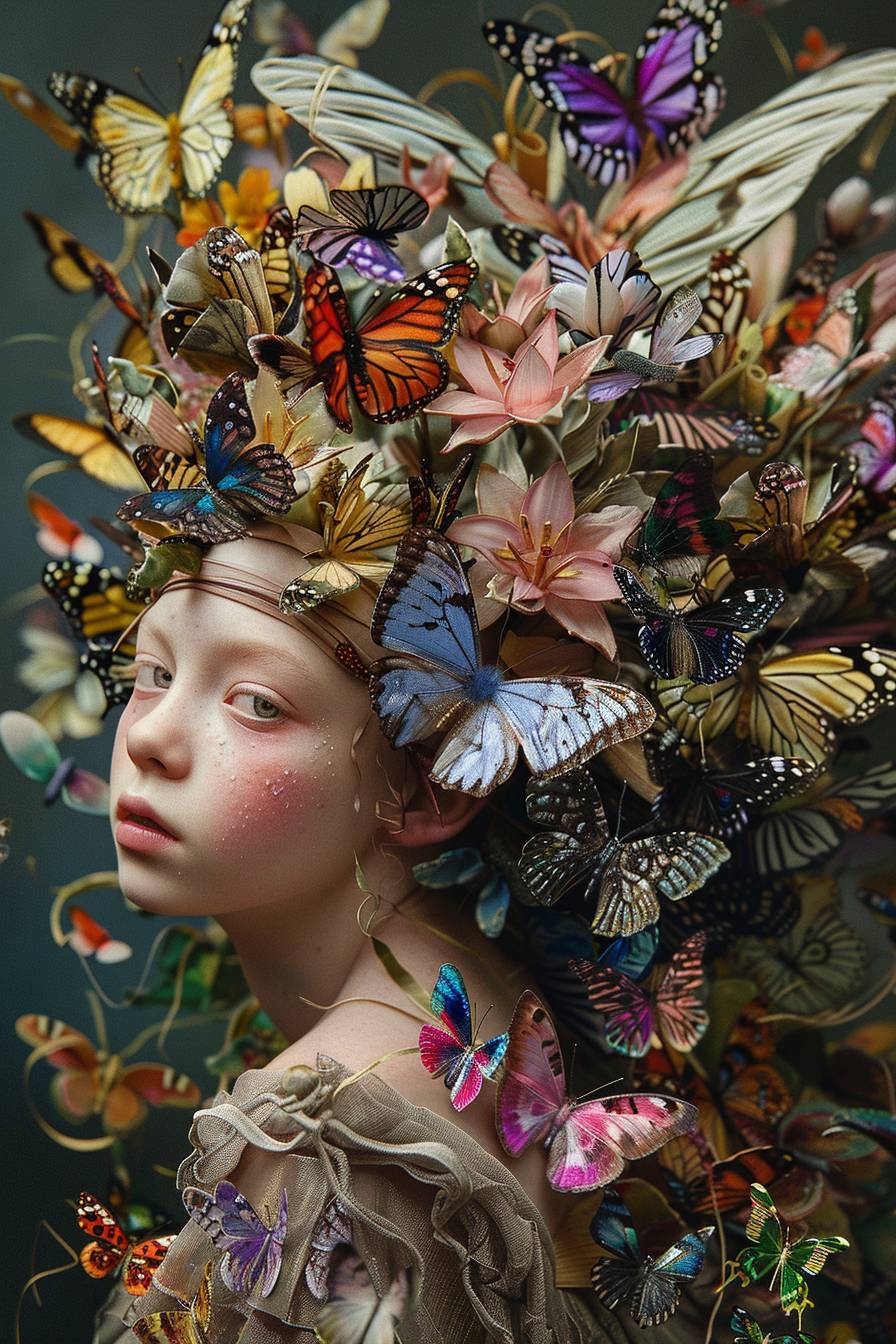 fairy, complicated poster with lots of butterflies in background, highly detailed