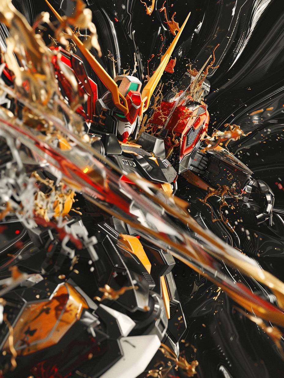 A team of Gundams are in a big battle, in the style of black paintings, dark White and red, hyper-realistic, dark black and gold, close-up intensity