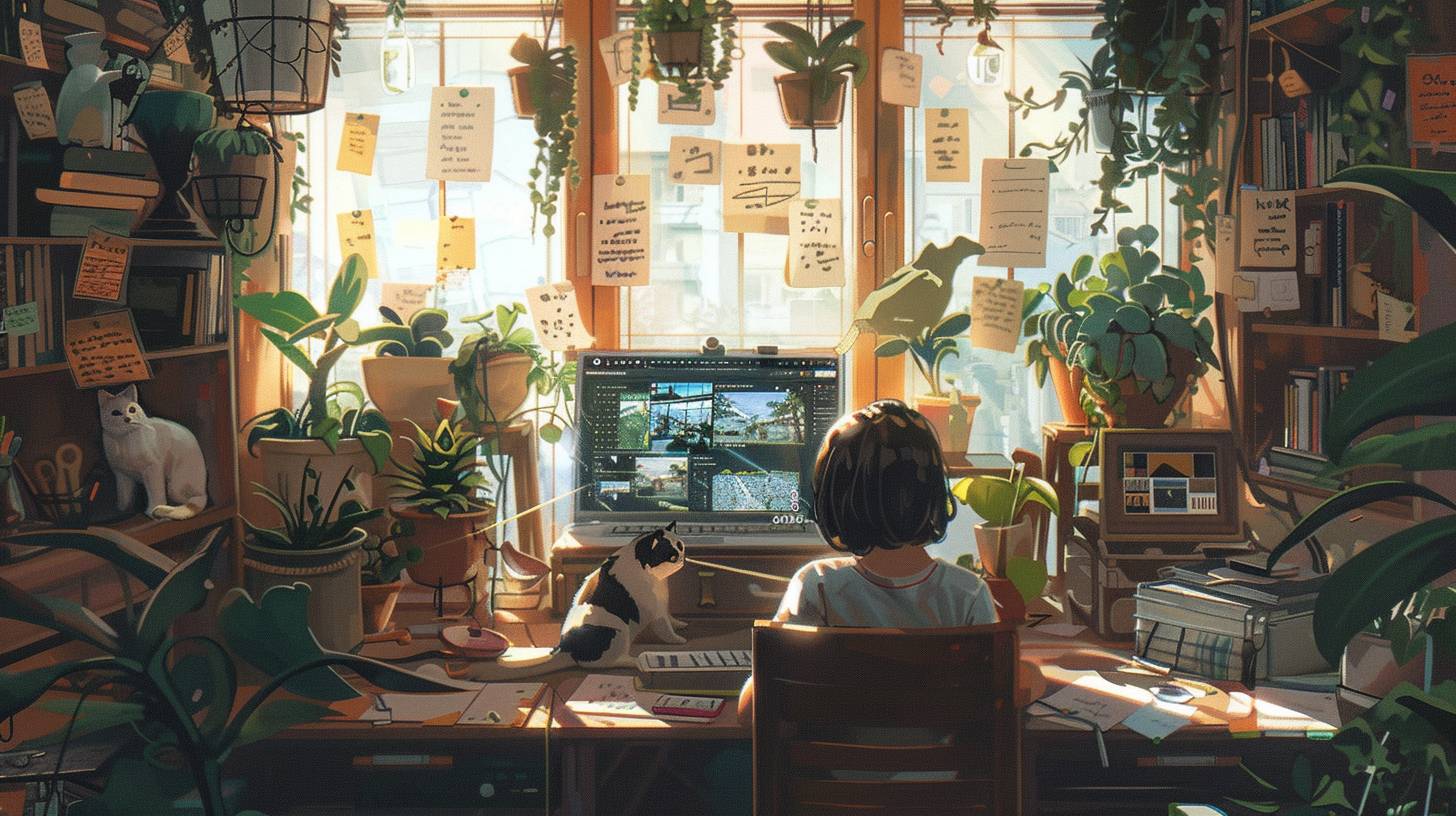 ホームオフィスで、ネコとイヌがいる子供がノートパソコンの前に座っています。ノートパソコンの画面には建築図面が表示されています。部屋中には鉢植えがたくさんあります。壁には多くのメモが貼られ、それらは糸でつながっています。映画のようなイラスト、大竹竹洿、イリーナ・ノルドソル・クズミナ--ar 16:9  --v 6.0