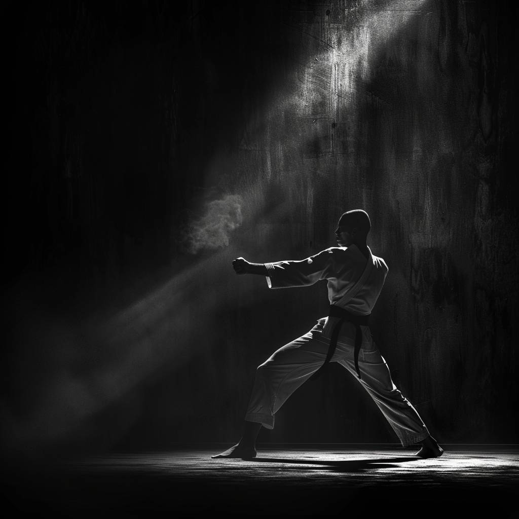 A black and white photorealistic martial artist performing a high kick, comic book art with pencil outlines, chiaroscuro portraitures, 2D game illustrations, hyperrealism, high contrast, wide shot, full body, deep focus, monochrome, digital painting, cinematic lighting, octane render.