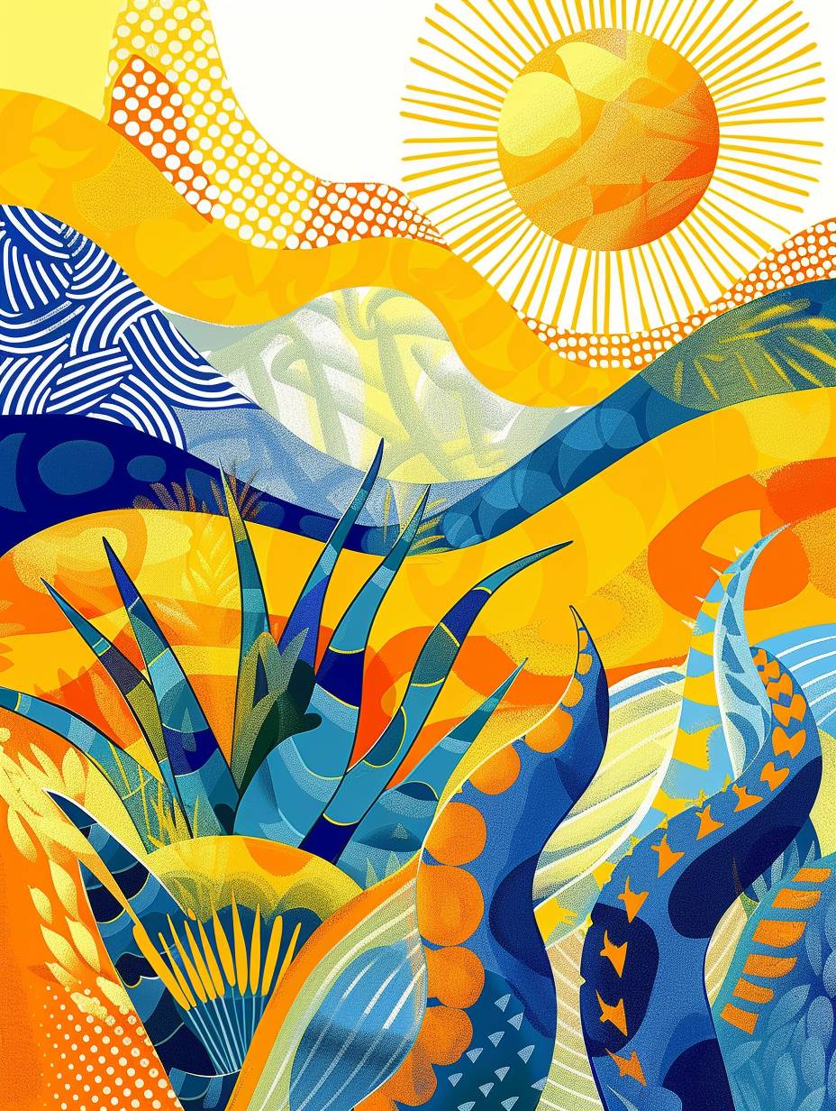 An abstract illustration representing a Sun, waves, aloe vera, in HENRI MATIISE style, yellow, blue, and orange colors --aspect ratio 3:4 --version 6.0