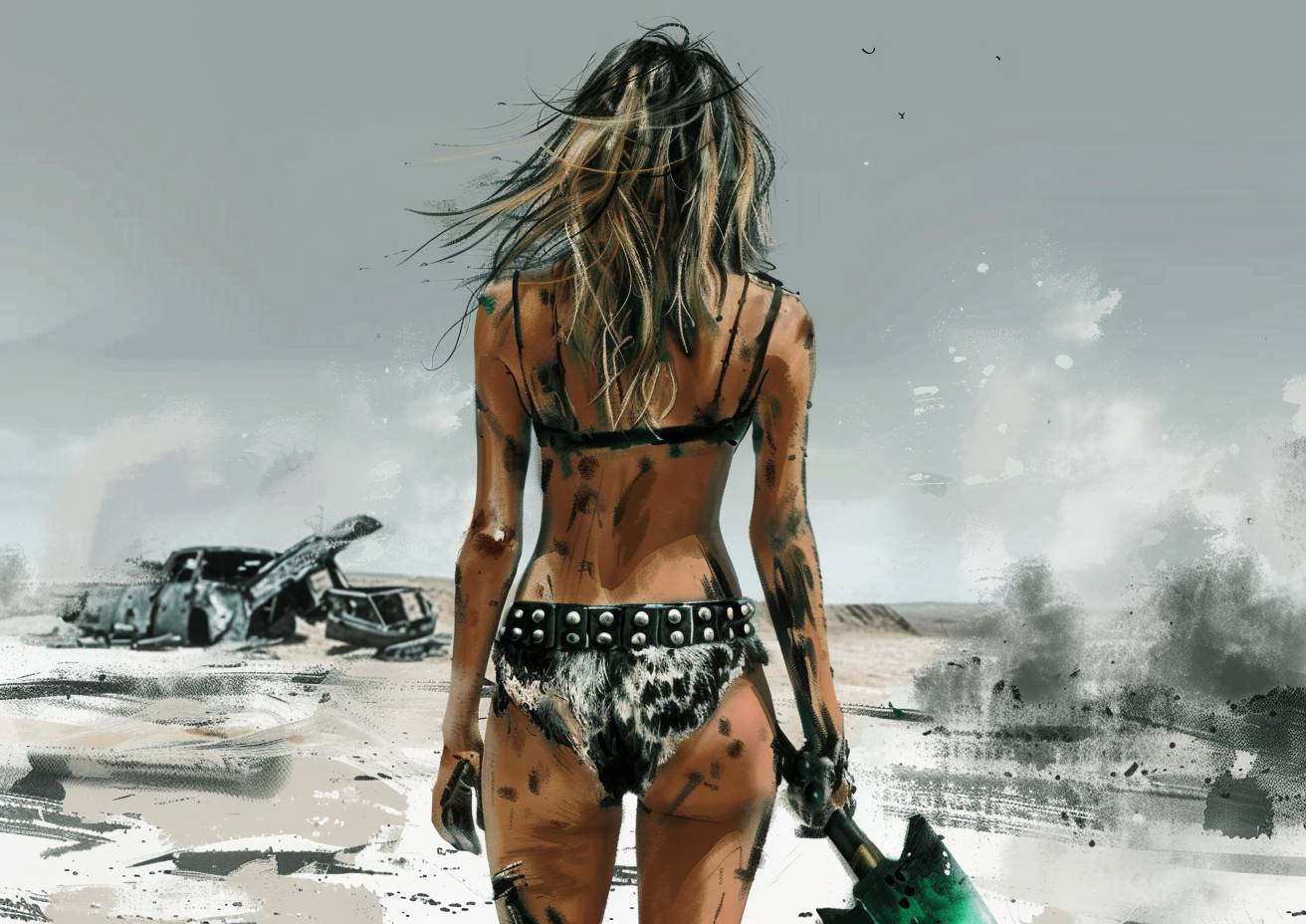 ポストアポカリプスの未来、動物の皮を着た若い女性が金属ブーメランを操る、破壊された砂漠、がらくた、強い視覚的な流れが広がる。