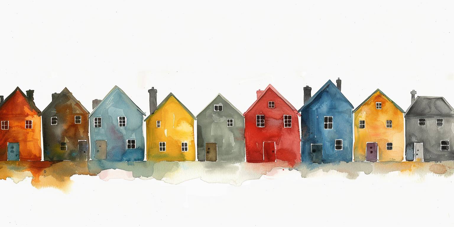 A row of colorful houses, watercolor painting, colorful house, minimalist, white background