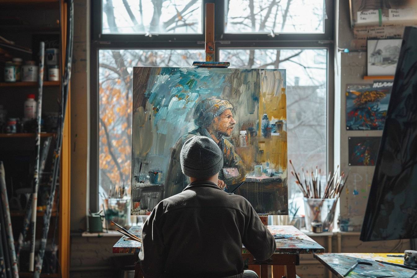 Painting an oil portrait of oneself, with a studio backdrop featuring large windows