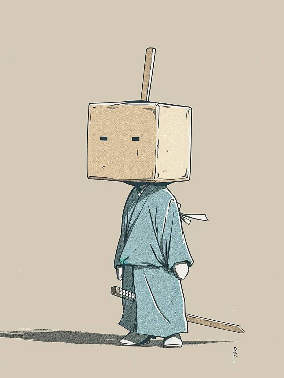 A simple cartoon drawing of an anime character wearing a blue and white long sleeve shirt with his head covered in a square paper bag, holding a wooden sword in his right hand. The background is a plain light grey. Minimalistic style.