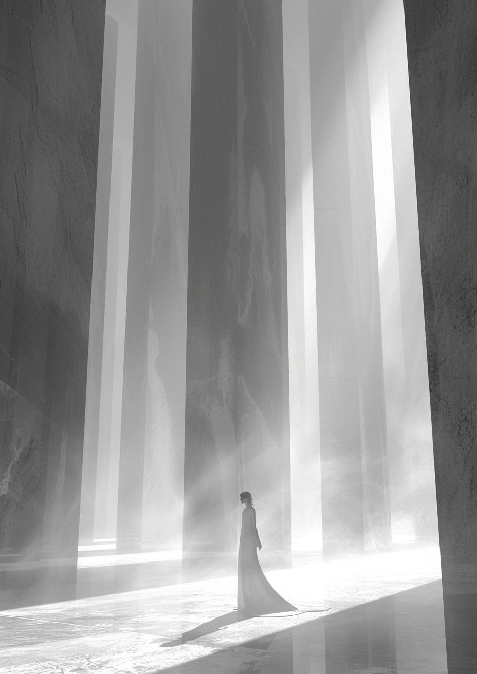 霧に満ちた境界の曖昧な空間の中で、白い幾何学的な彫刻、規則的な石の柱、遠くに美しい女性、モノクローム、超現実的で夢のような雰囲気、拡散した光、ミニマリストの強烈なビジュアルフロー