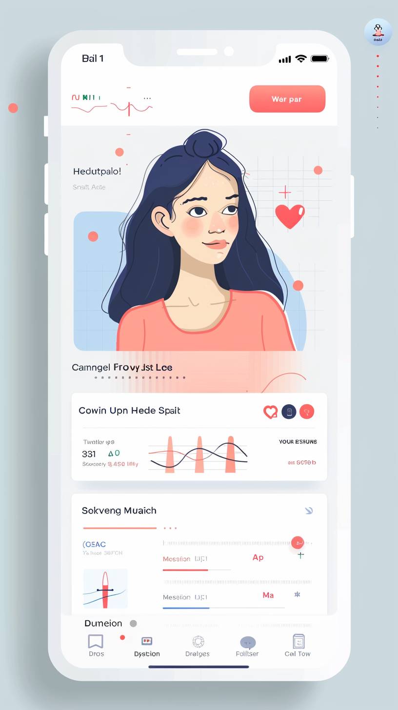 Flat UI design for an app screen that gives an overall health assessment score after a person has taken a questionnaire, and provides the user with next steps for actions to take to address issues.