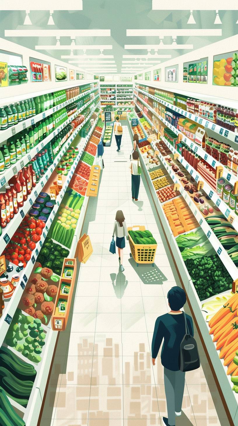大型スーパーマーケット、広々としたスペース、両側には商品が詰まった棚、中央には広い通路、大きな食料品市場、両側に野菜が陳列されている、複数のグループの人々、現実のシーン、様々な種類の野菜、明るい光、カラフル、賑やかな光景、広角視点、透視視点、整然と配置された、買い物かご、価格表示