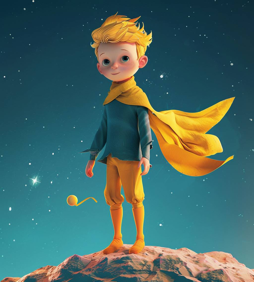 黄色のマフラーを身につけた小さな王子は、ディズニーピクサーのアニメーションのようなスタイルでエイリアンに変身した後、バラの惑星に立っています。背景は星のない濃い青い星空です。漫画のキャラクターは、ゲームのアイコンに似た全身ショットで、かわいい小さな王子を描いています。