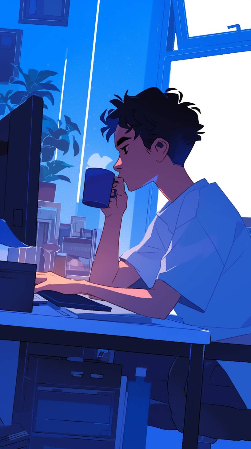 A boy drinking coffee while working on a computer, office, small scene, hand-drawn anime style, Chris Ware, animated gif, Kate Beaton, Naoki Urasawa, serenity, Keith Haring style doodle, clear illustration, bold lines and solid colors, simple details, Raoul Dufy's minimalist Giorgio Morandi color scheme.