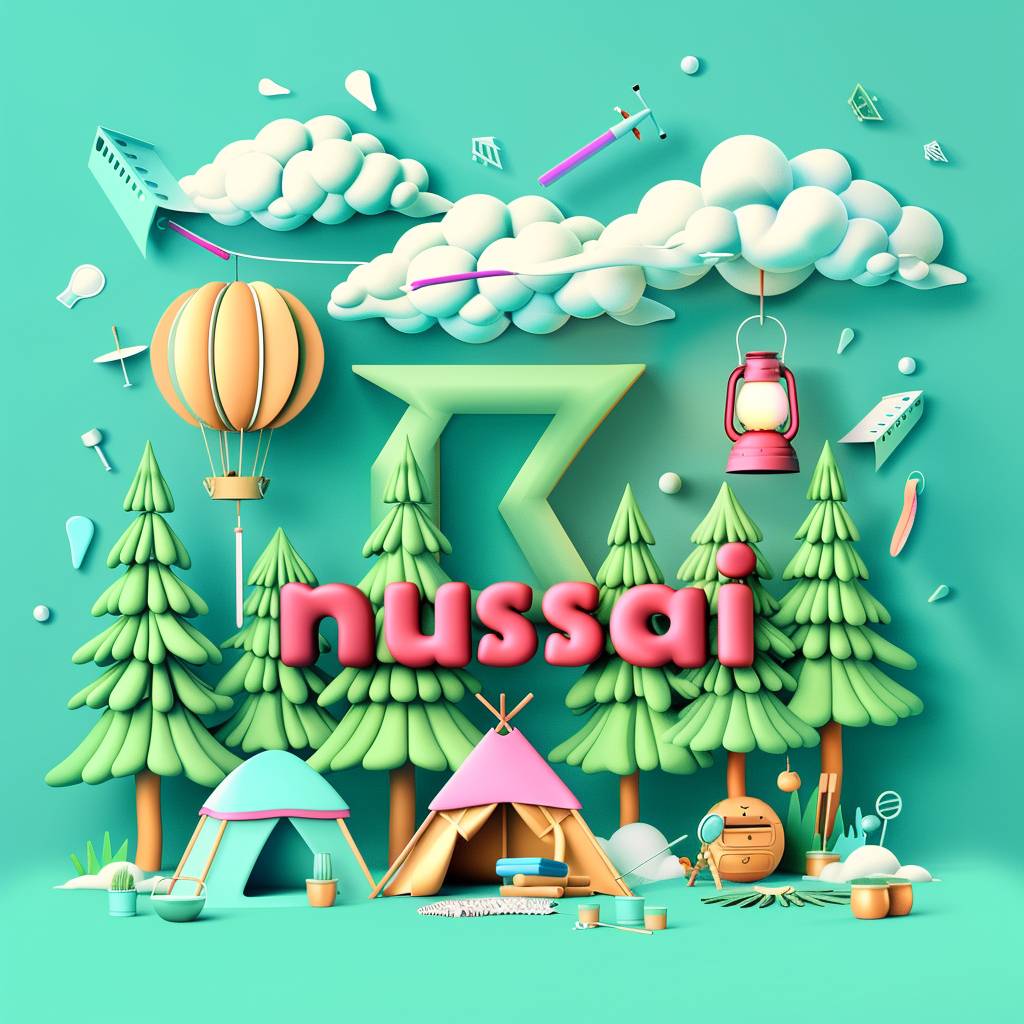 3D text 'musesai' made of tents, lanterns, and pine trees, on a light green background, in vibrant colors, in the style of a cartoon, with simple shapes, in a flat design, as digital art, bright color scheme