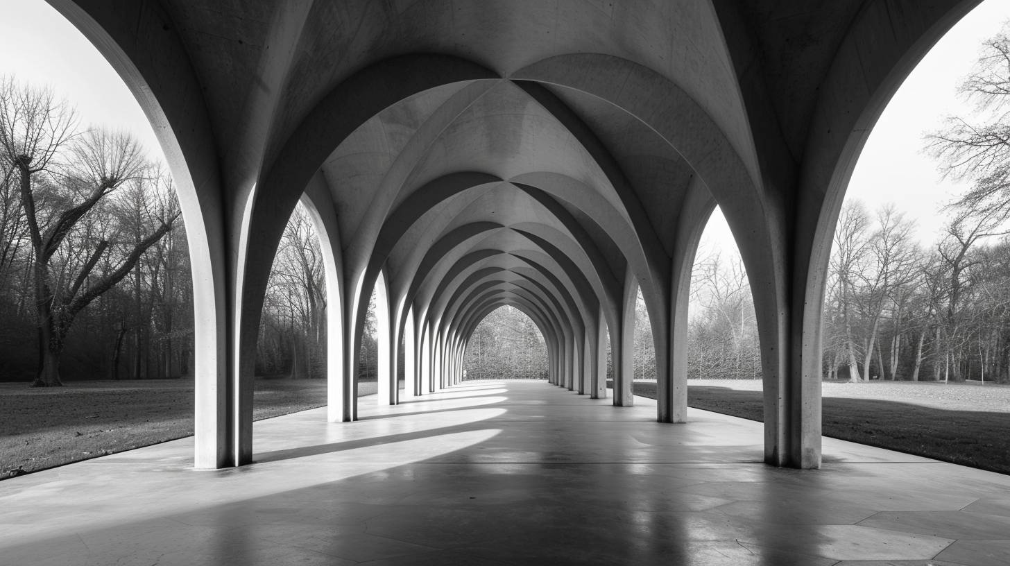infinite gothic arch structure designed by Mies van der Rohe, photography by Hélène Binet