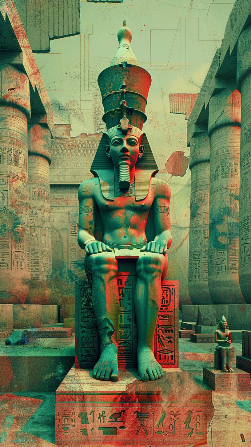 Ancient Egyptian pharaoh in a grand temple, intricate hieroglyphics on the walls, golden artifacts, and majestic architecture.