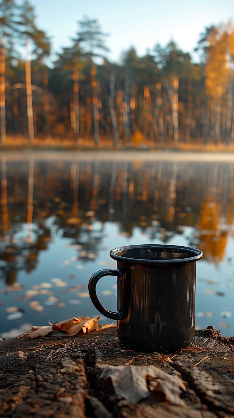 朝早く、伐採した木の上にコーヒーカップがあり、背景に木々があり、水面に反射がある