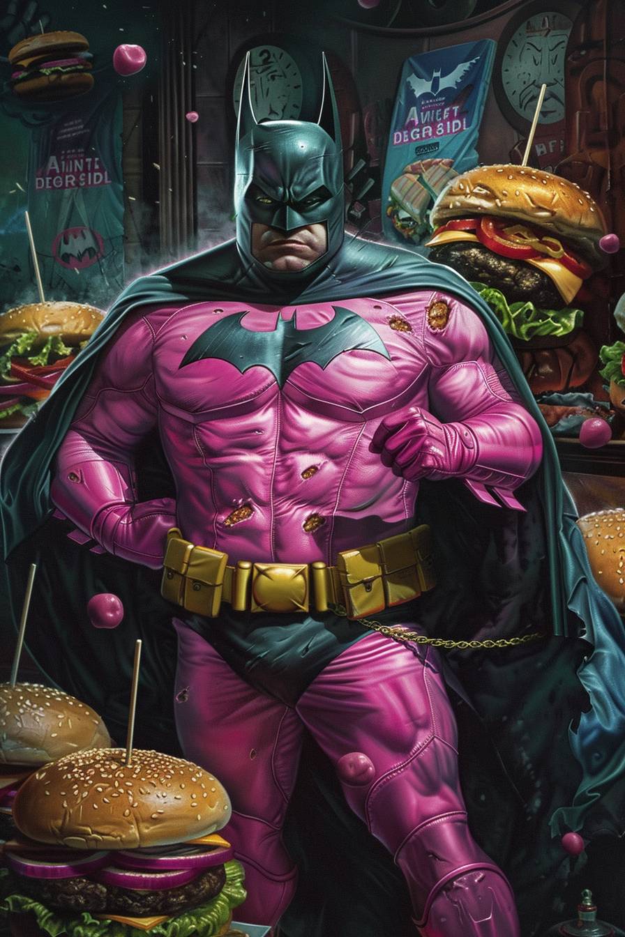 Fat Batman in a pink batman suit, complicated poster with lots of burgers in background, highly detailed