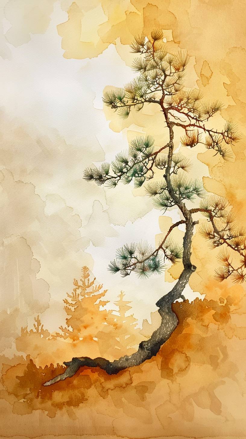 Watercolor drawing warm tan pine background minimalism style James Abbott McNeil Ustler--AR 9:16-- stylize 250-v 6.0