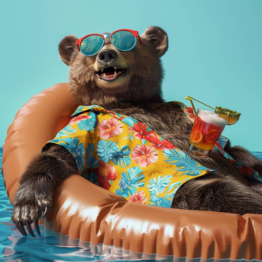 ハワイアンシャツとサングラスをかけた熊が笑顔で浮き輪に座り、プールでカクテルを楽しんでいる写真