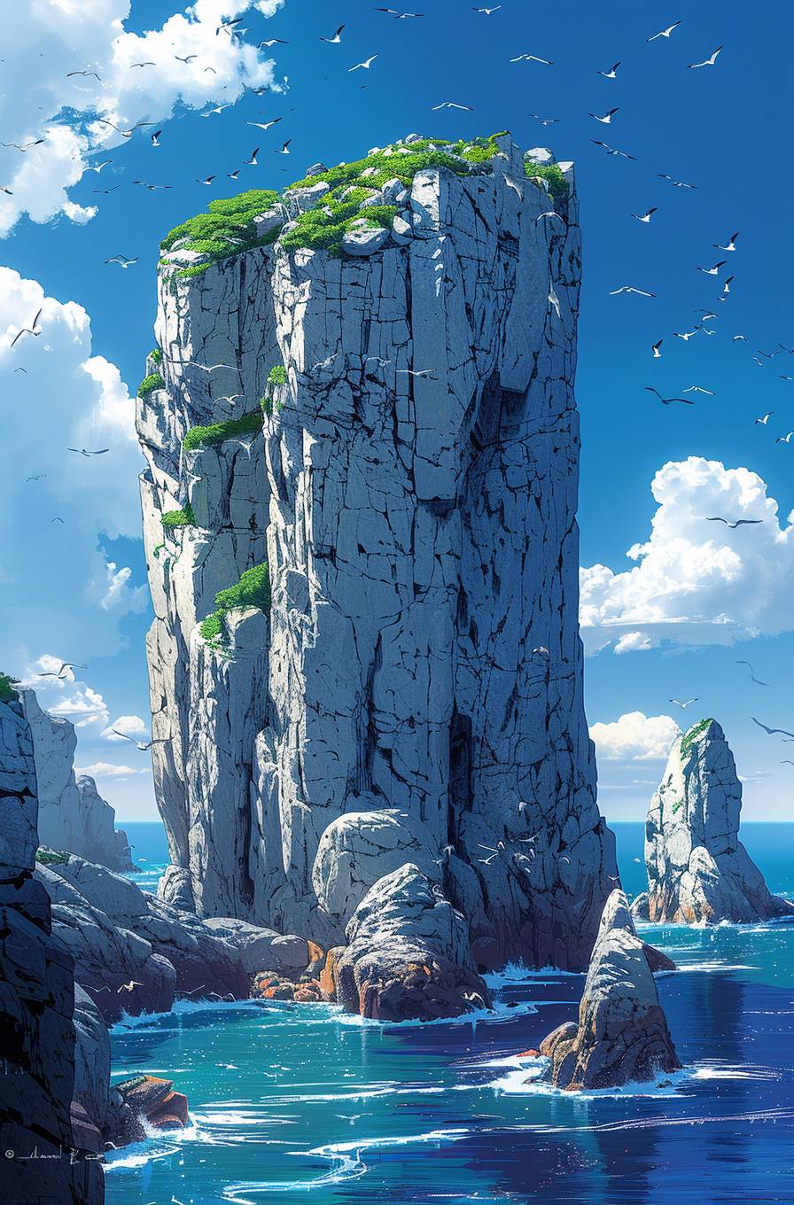 A massive rock in the middle of an ocean, birds flying around it, in the style of Atey Ghailan and J C Leyendecker.