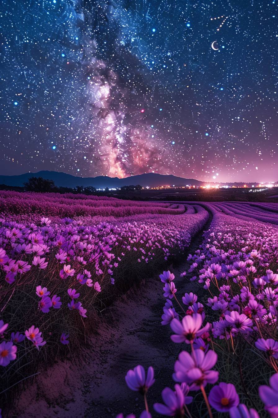 満開の美しい紫色の花で広がる広大な田園風景。澄んだ星空の下で。空には明るい星と三日月が溯り面を与え、場面に魔法の光を加えます。背景には遠くの街の明かりが地平線を照らし、花畑の自然の美と美しい対比を作り出します。手前には花々を繋ぐ曲がりくねった道があり、静かで魅力的な環境に鑑賞者を招き入れます。