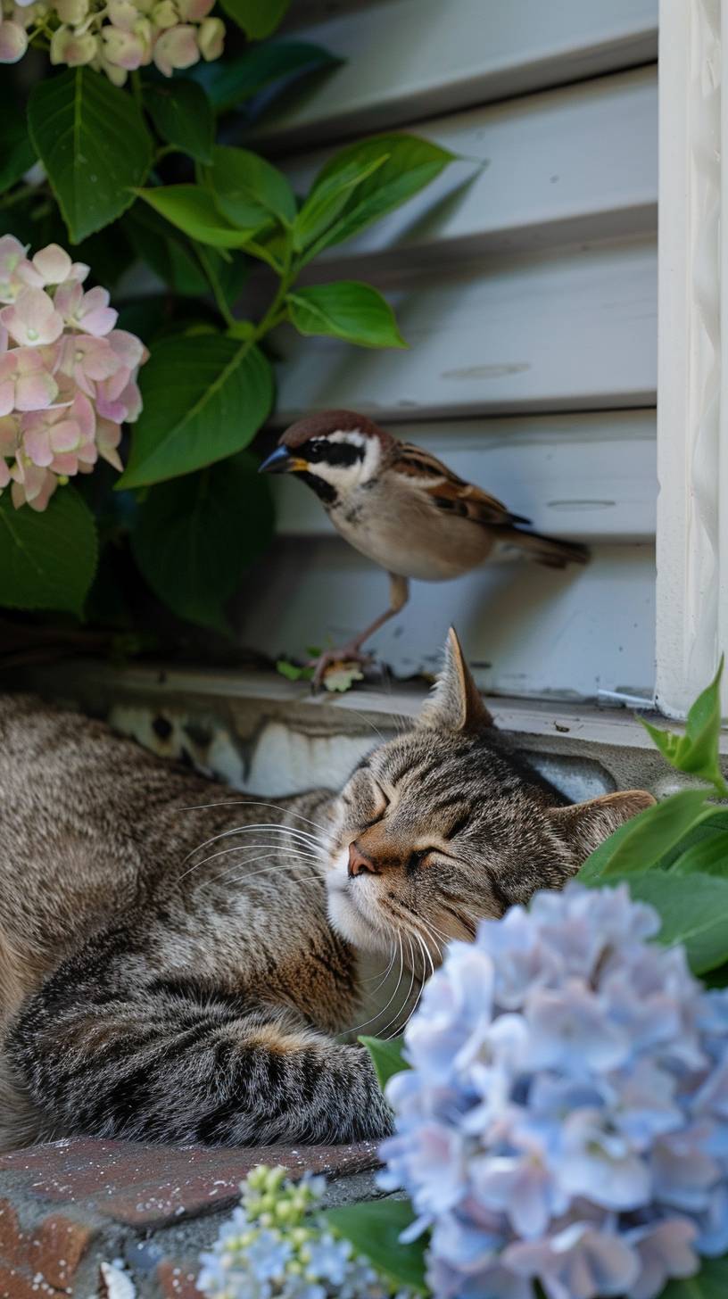 Cat dozing on the porch, hydrangea spreading beyond the porch, two sparrows standing near the cat, colorful hydrangea on the diagonal left of the frame, garden greenery and colorful hydrangea, soft natural light and sunlight, especially vivid colors of hydrangea, details of sparrow feathers and cat fur are well expressed with warm light, Rule of Third awareness, a sparrow perches in the center of the hydrangea, the cat is slightly oblique.
