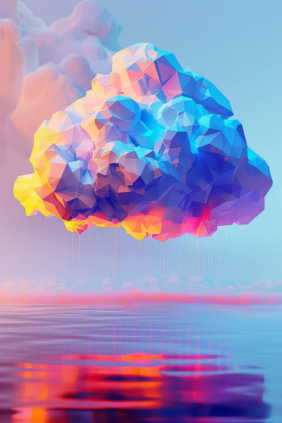 Create a colorful and vibrant 3D rendering of a rain cloud with a low poly style